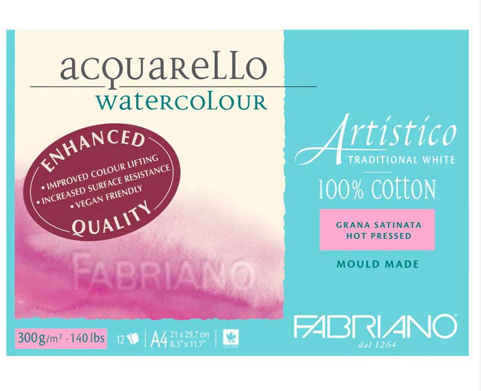 Fabriano Artistico Watercolour Pad 12 100% cotton Sheets 300gsm - Hot Pressed